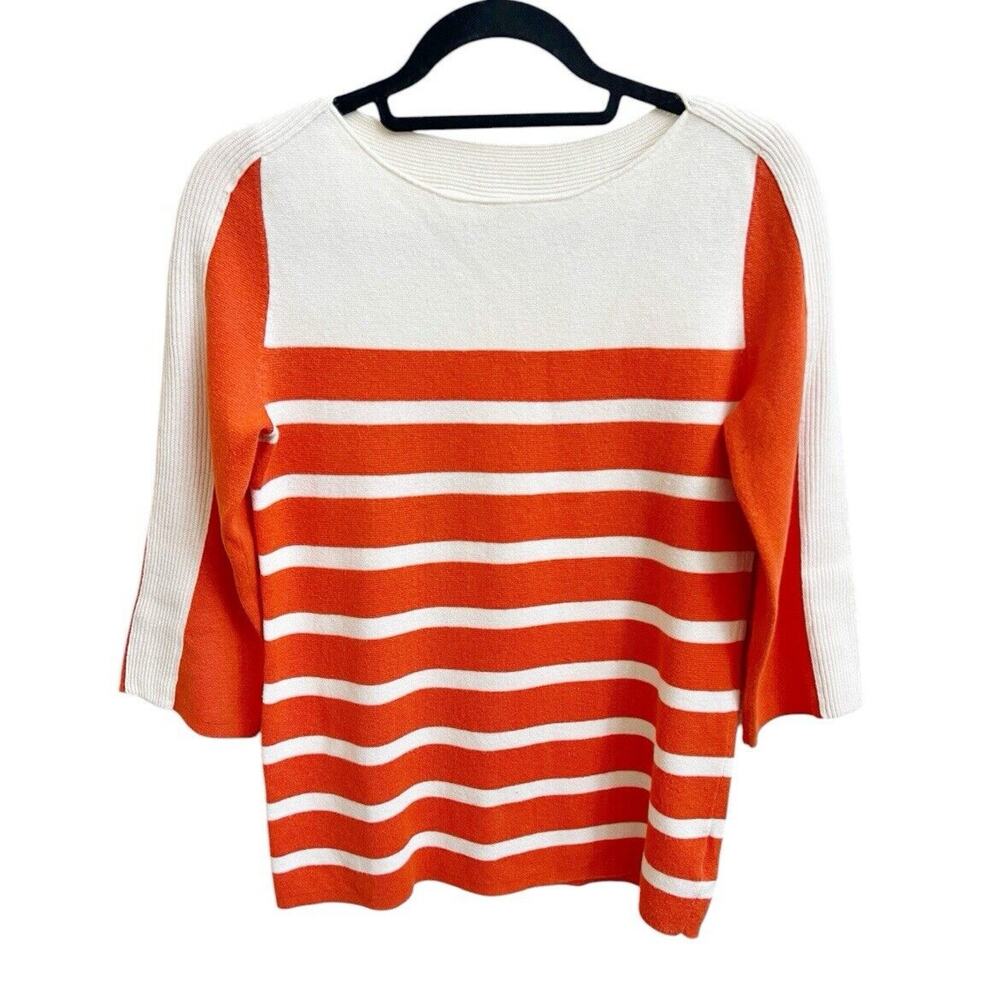 Bogner Womens Sz 4 Knit Top Striped 3/4 Slv Cotton Silk Back Zipper Orange Cream